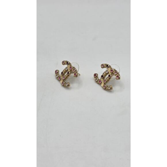 Chanel Gold-tone Pink Strass Interlocking CC Stud Earrings - Picture 6 of 13